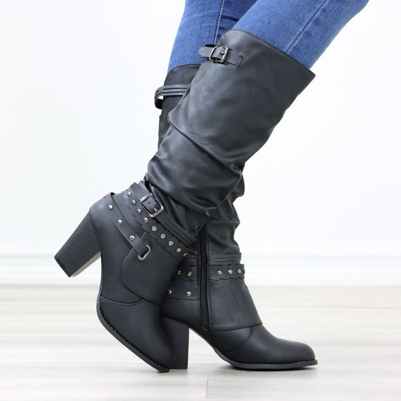 Motorcycle Heeled Boots For Rocker Biker Girls Below The Knee Black Faux Leather - Picture 5 of 14